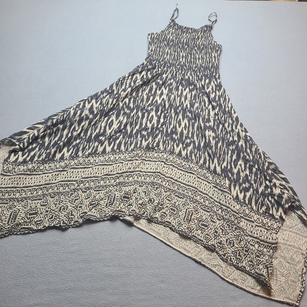 Japna Maxi Dress Womens Small Gray Excellent Smocked Ikat Handkerchief Hem